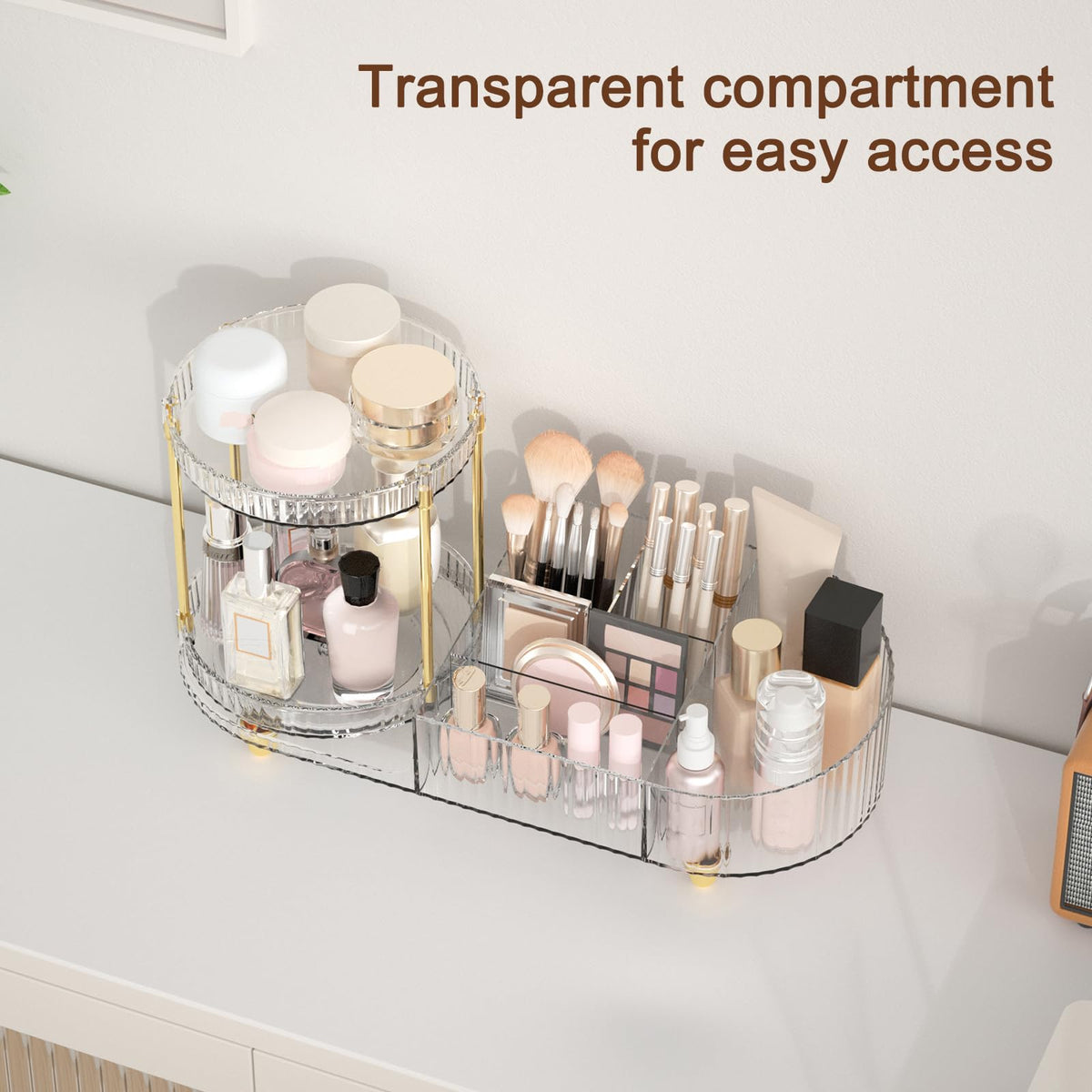 Jywantful organizer in use with brushes and lipsticks for quick reach