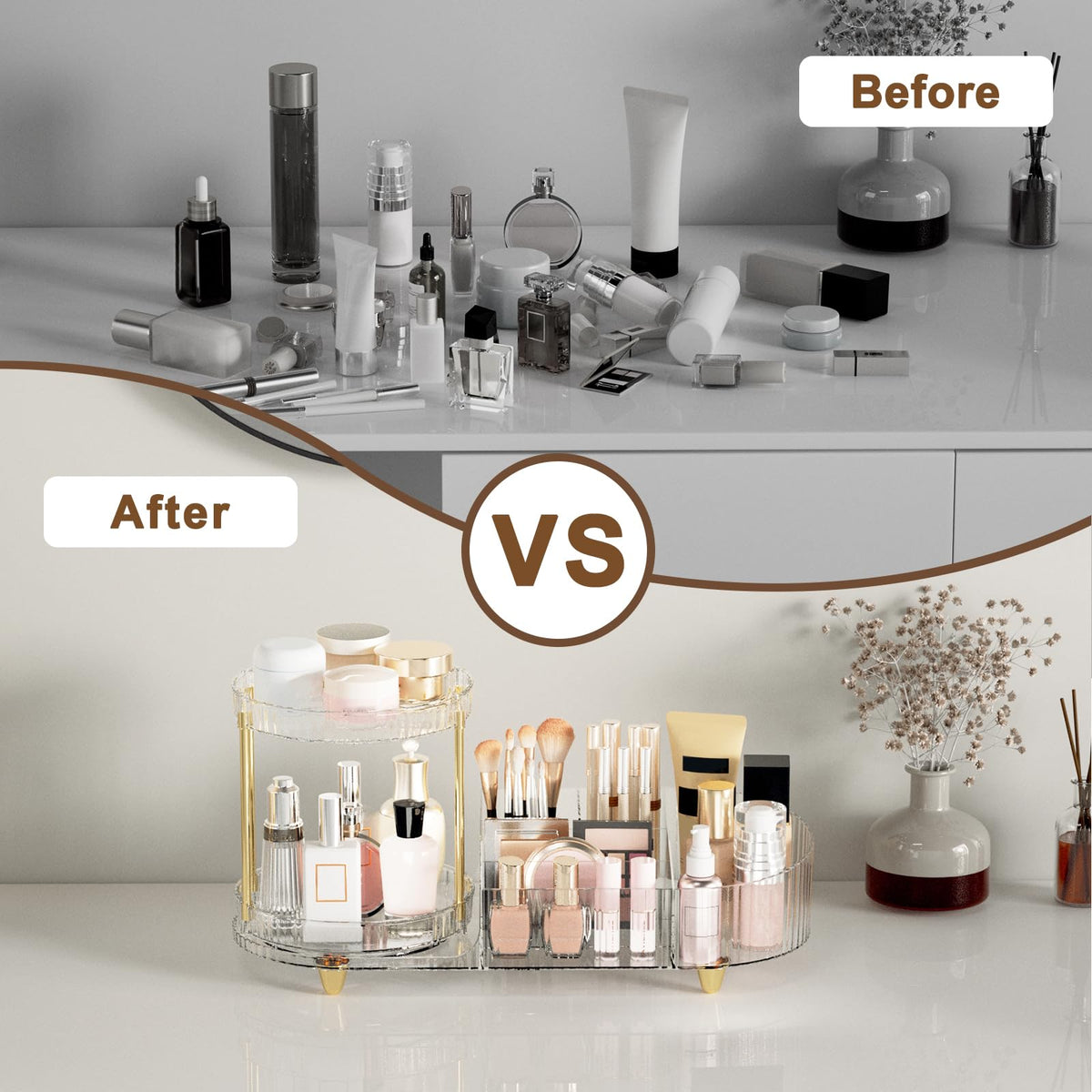 Jywantful five-compartment section holding brushes and makeup organized