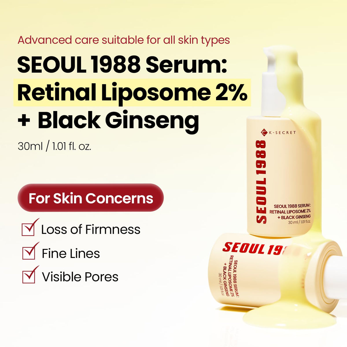K-SECRET label close-up highlighting retinal 2% and key active ingredients