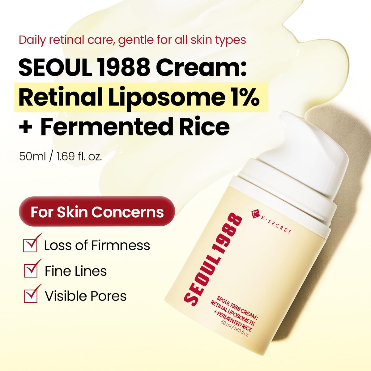 K-SECRET close-up cream texture highlighting smooth formula and quick absorption benefit