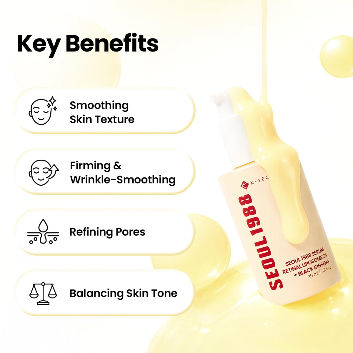 K-SECRET serum texture drop close-up showing smooth absorbent consistency