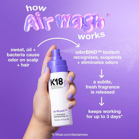 K18 AirWash being sprayed at scalp demonstrating targeted odor control
