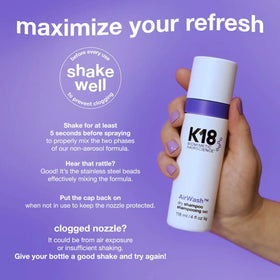 K18 AirWash next to a travel-sized item showing 1.6 fl oz portability advantage