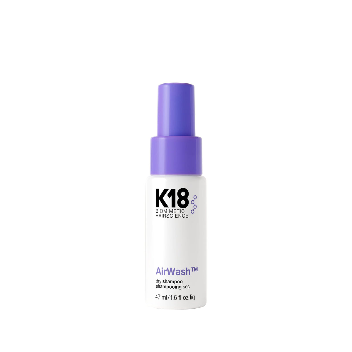 K18 AirWash travel bottle front view showing compact packaging and fresh benefit