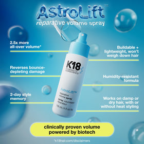 K18 AstroLift mist on hair strands illustrating lightweight texture and visible lift benefit