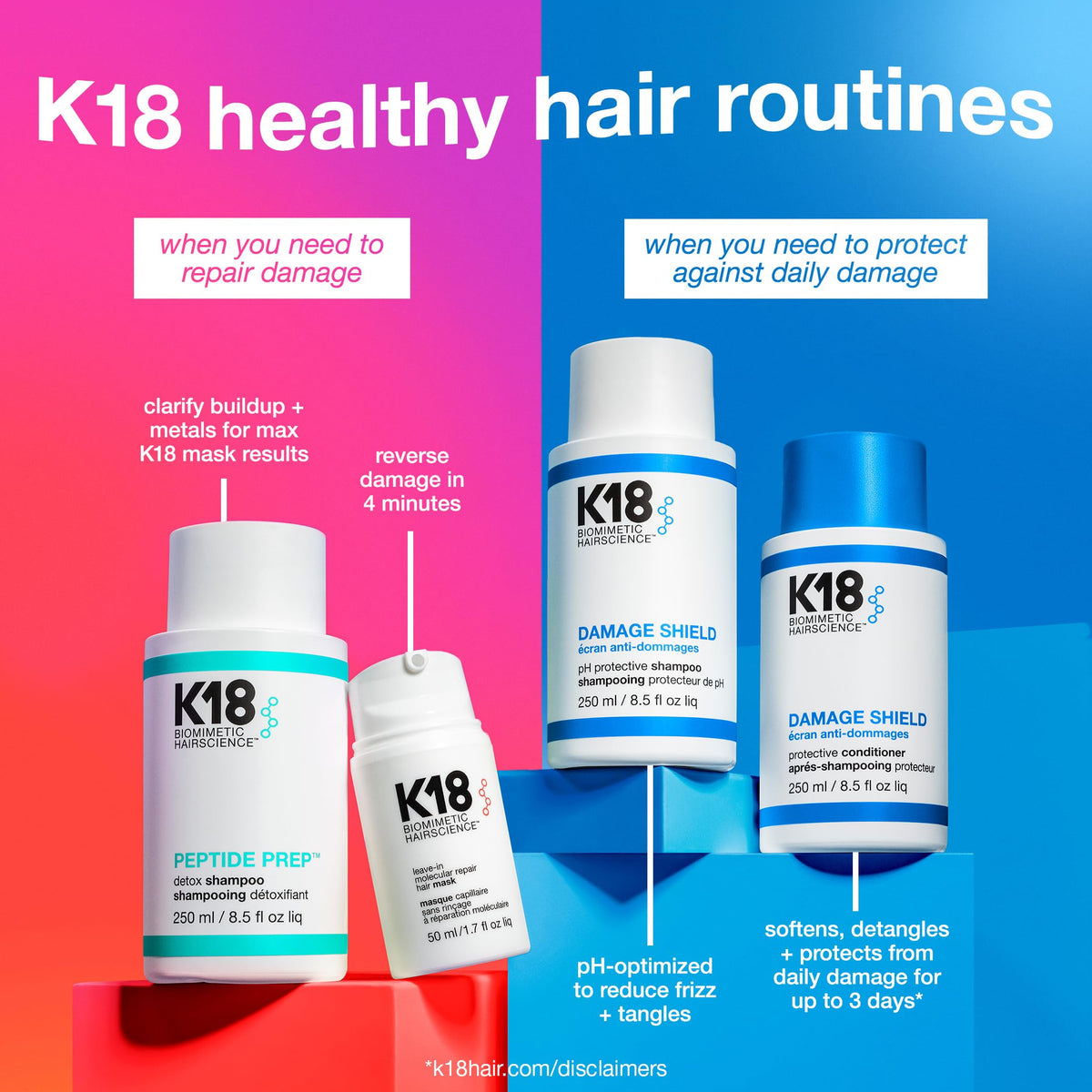 K18 label close-up showing key ingredients and peptide benefit