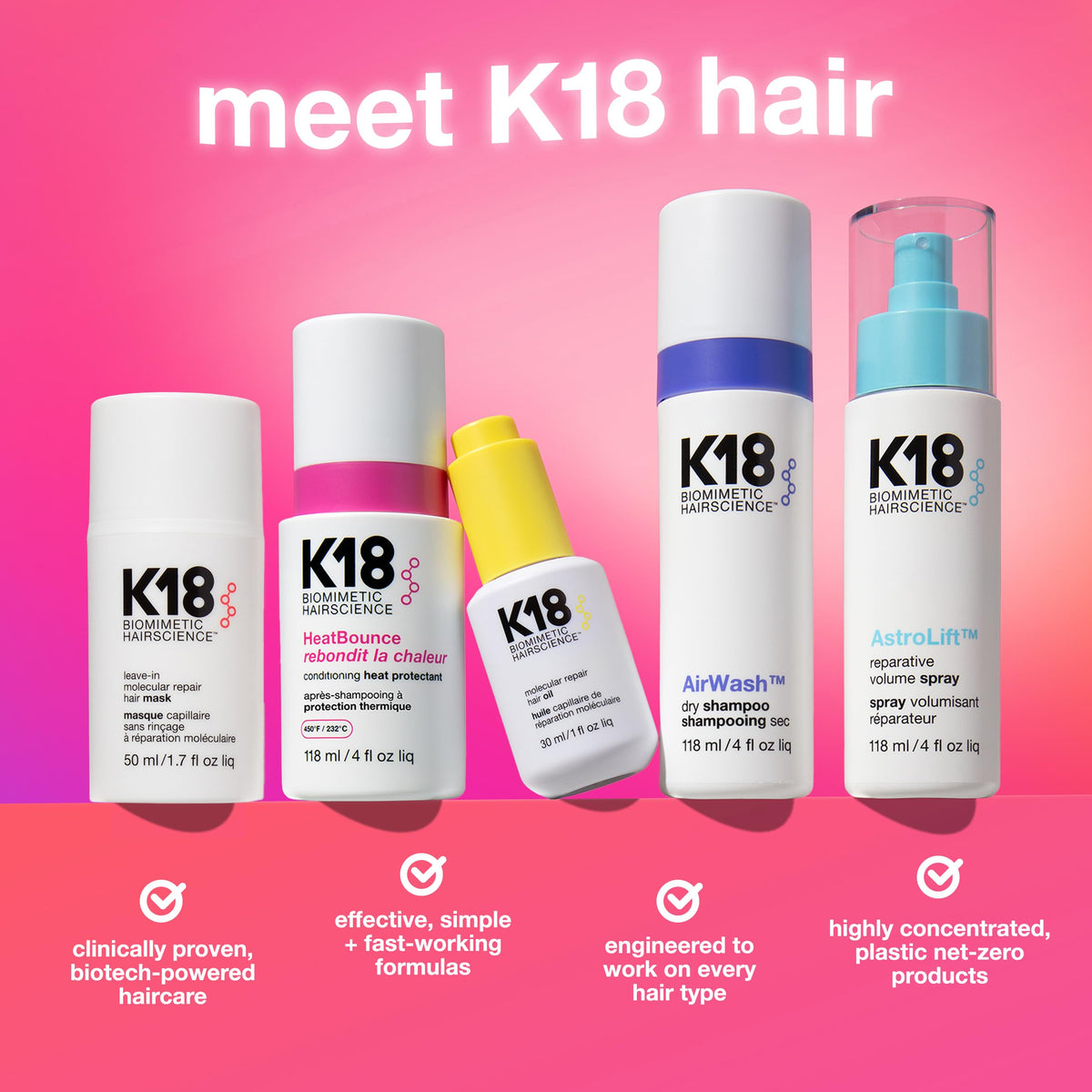 K18 shampoo in shower setting showing smoother hair and easy use benefit