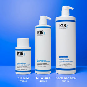 K18 label close-up displaying ingredients and protective-shield branding benefit