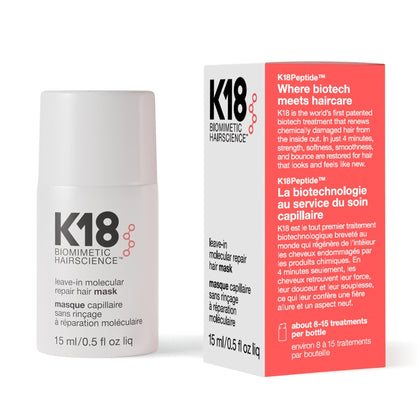 K18 front packaging showing compact leave-in mask and benefits