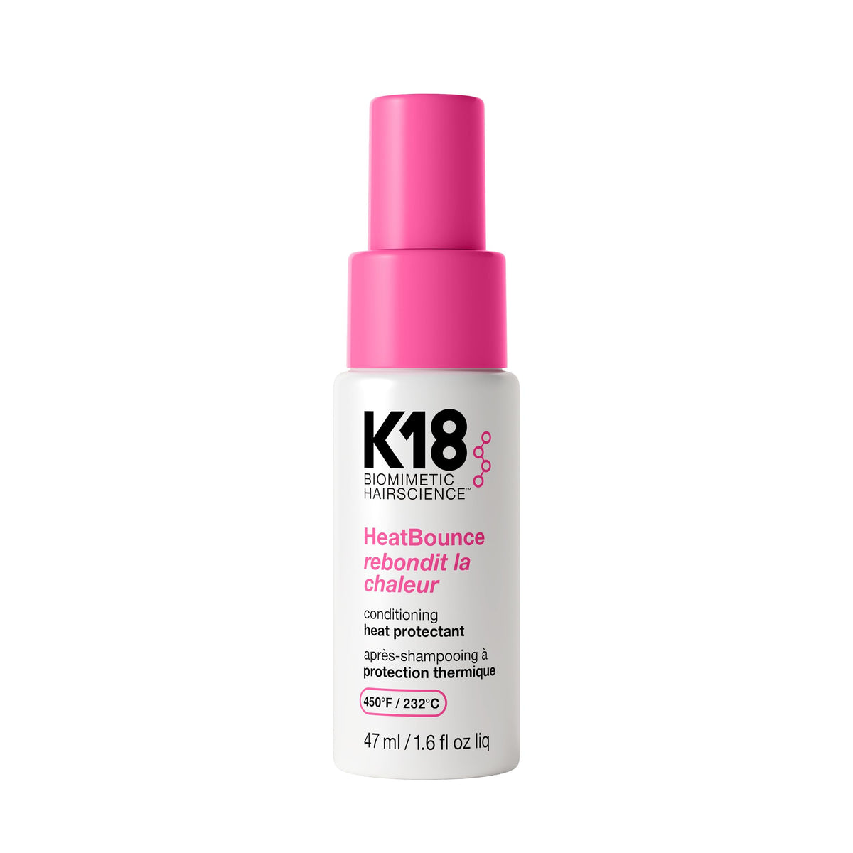 K18 HeatBounce front bottle view showing compact travel-friendly design and benefits
