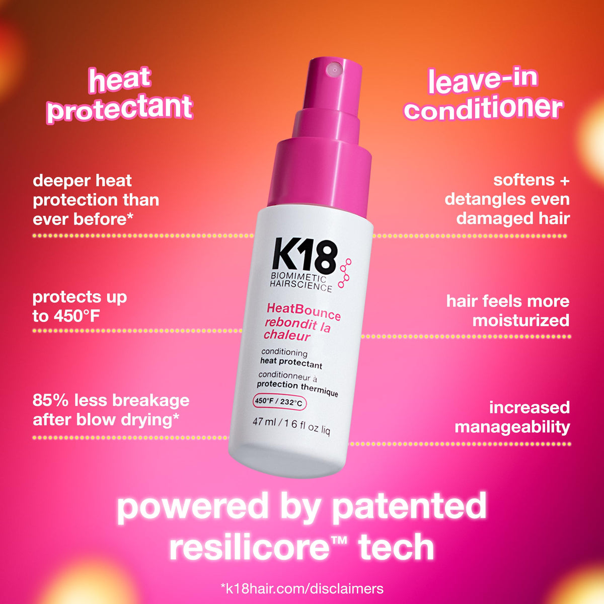 K18 HeatBounce fine mist close-up demonstrating even lightweight coverage benefit