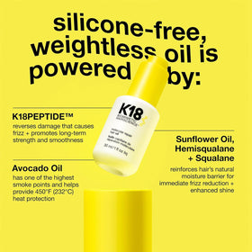 K18 ingredients label showing peptide and carrier oil benefits