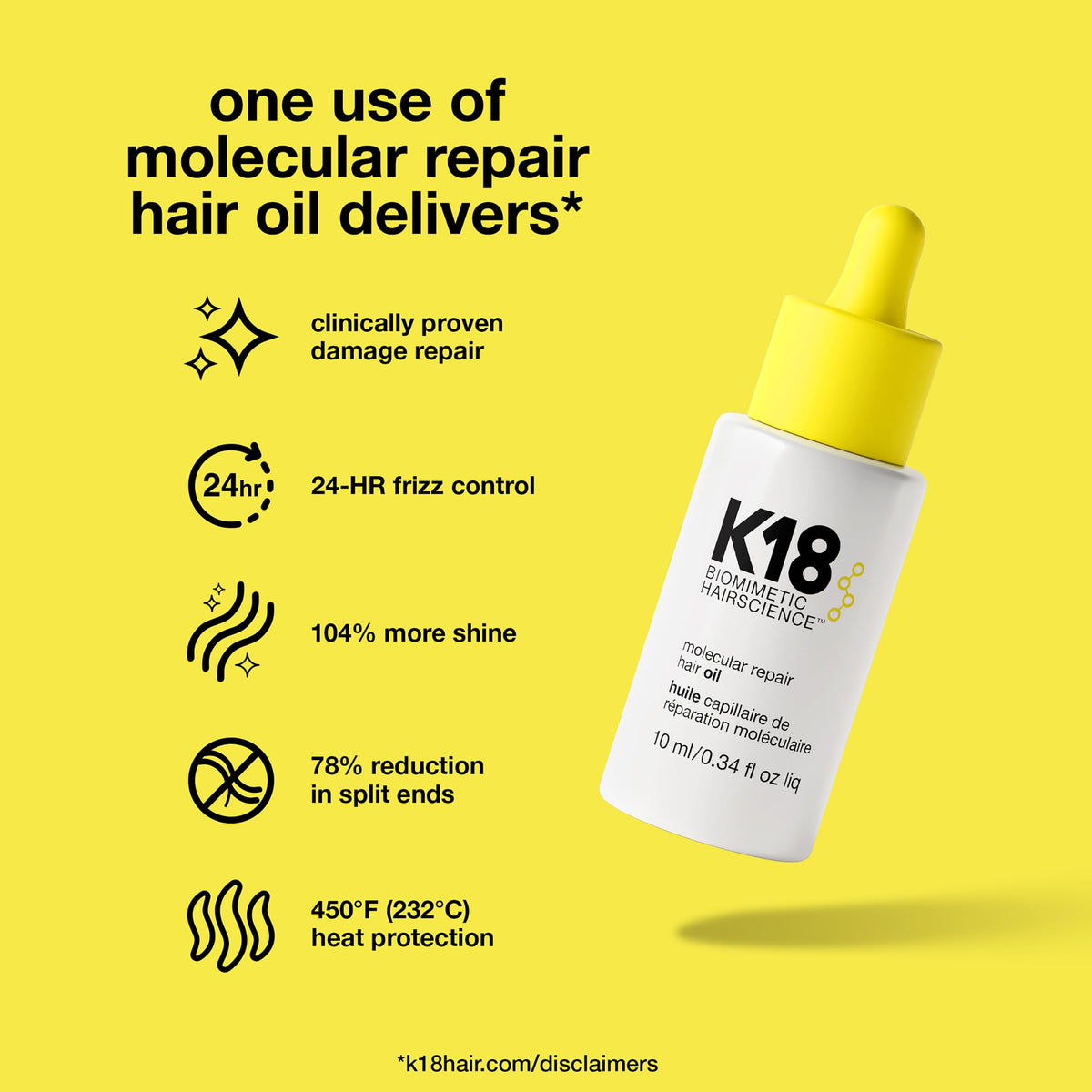 K18 oil texture on palm highlighting lightweight, non-greasy absorption benefit