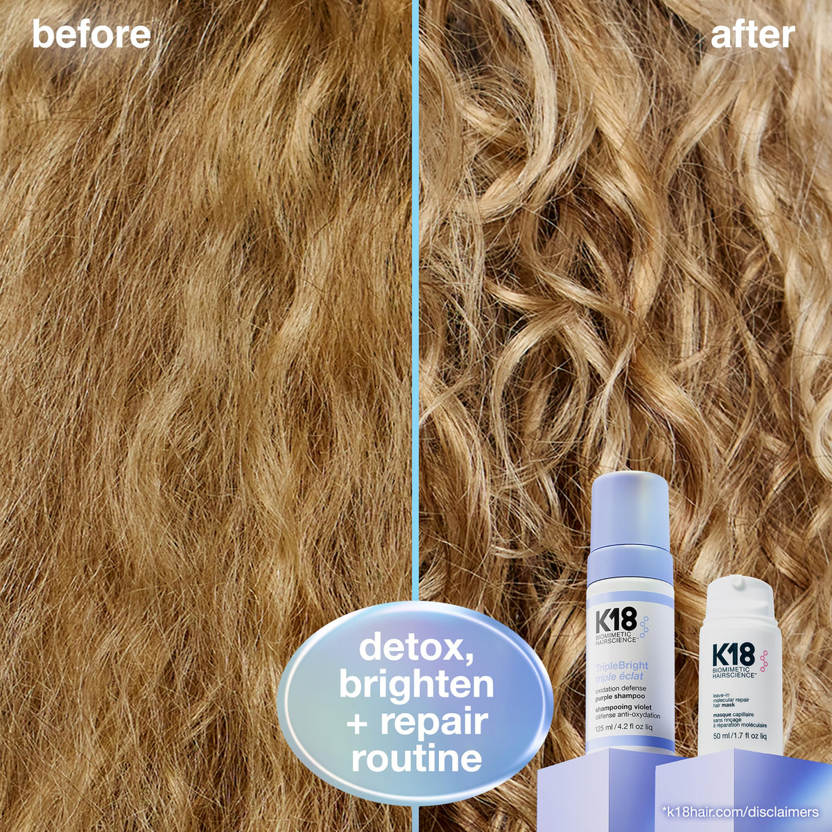 K18 foam being applied to wet blonde hair for gentle cleansing