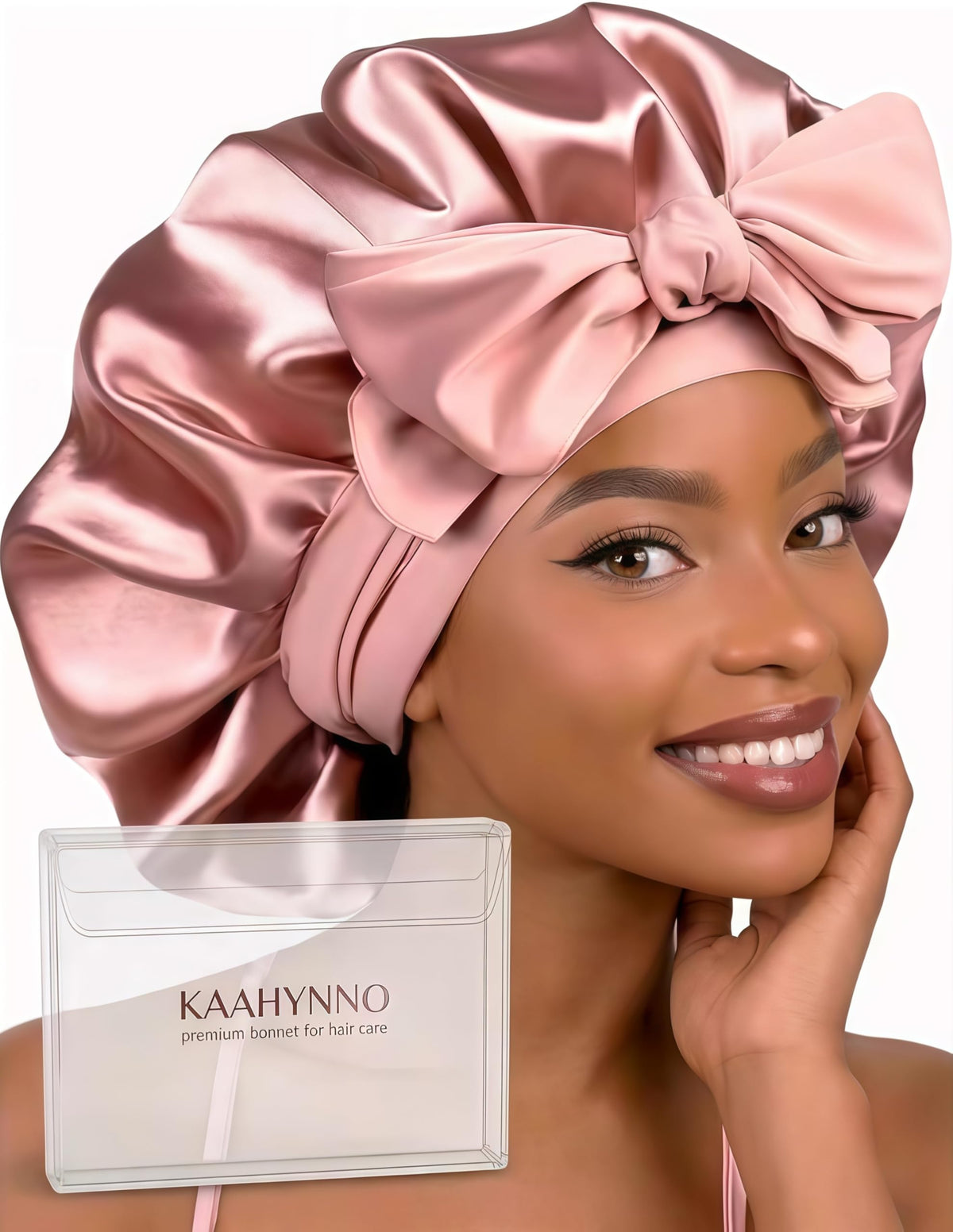 KAAHYNNO front view of blush pink bonnet showing smooth finish and coverage benefit