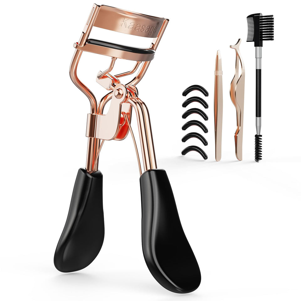 Kaasage eyelash curler front view showing sleek steel and clamp for precise curling