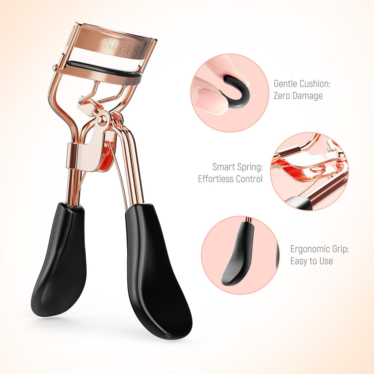Kaasage curler in use curling lashes at root for visible lifted effect