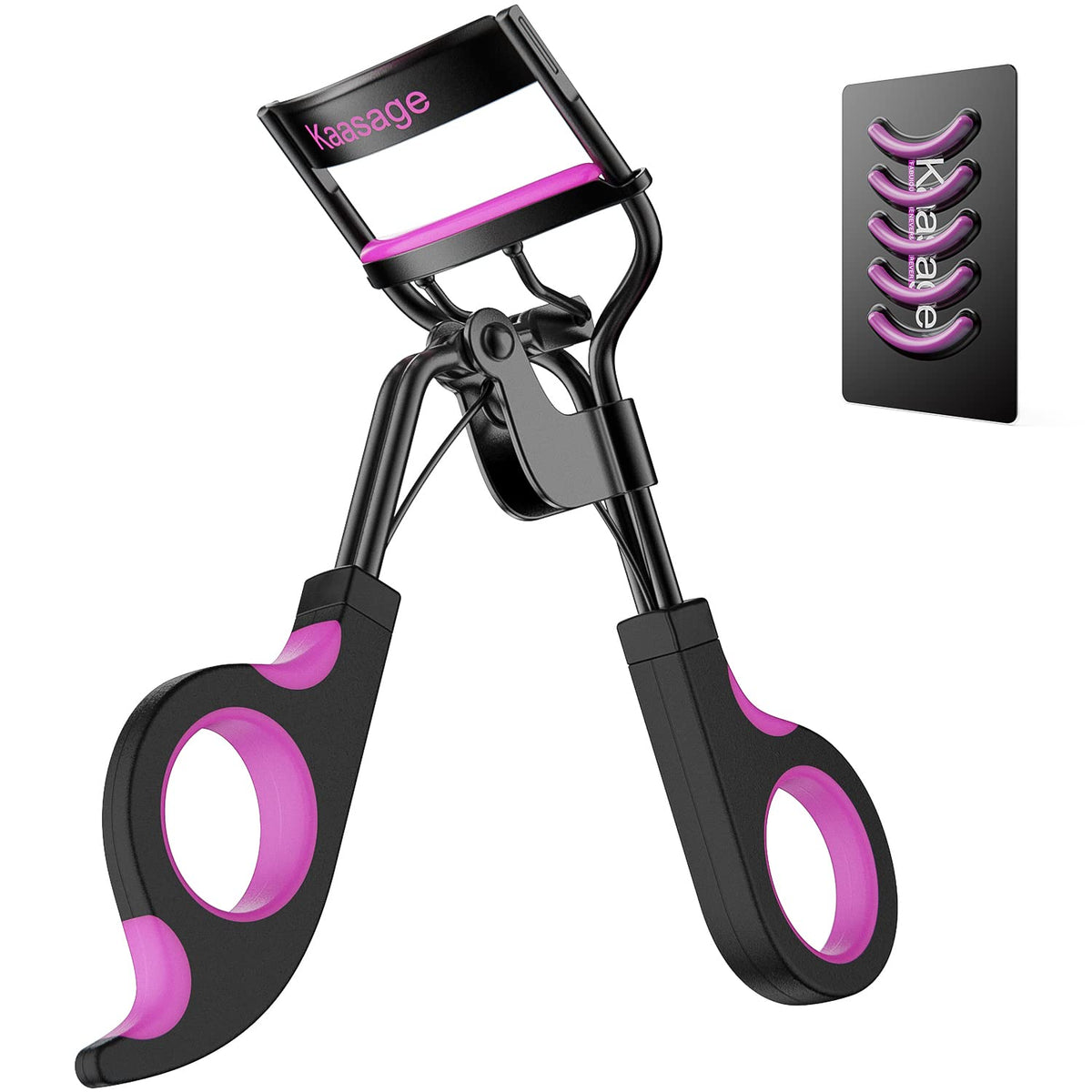 Kaasage front view of eyelash curler showing ergonomic handle and metal body for easy curling