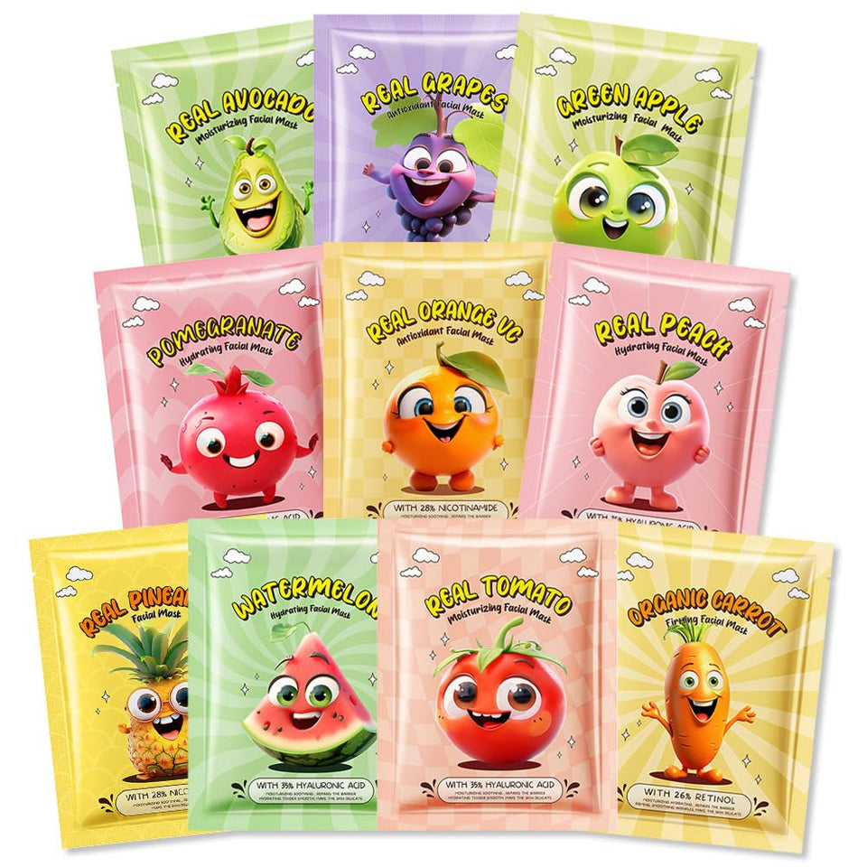 Kaely front packaging showing colorful fruit mask assortment and benefits