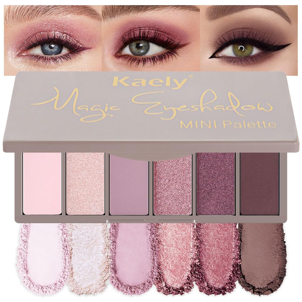 Kaely front palette compact showing six mauve and plum shades, perfect for travel