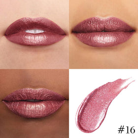 Kaely swatches on arm showing mauve metallic payoff and long-wear benefit