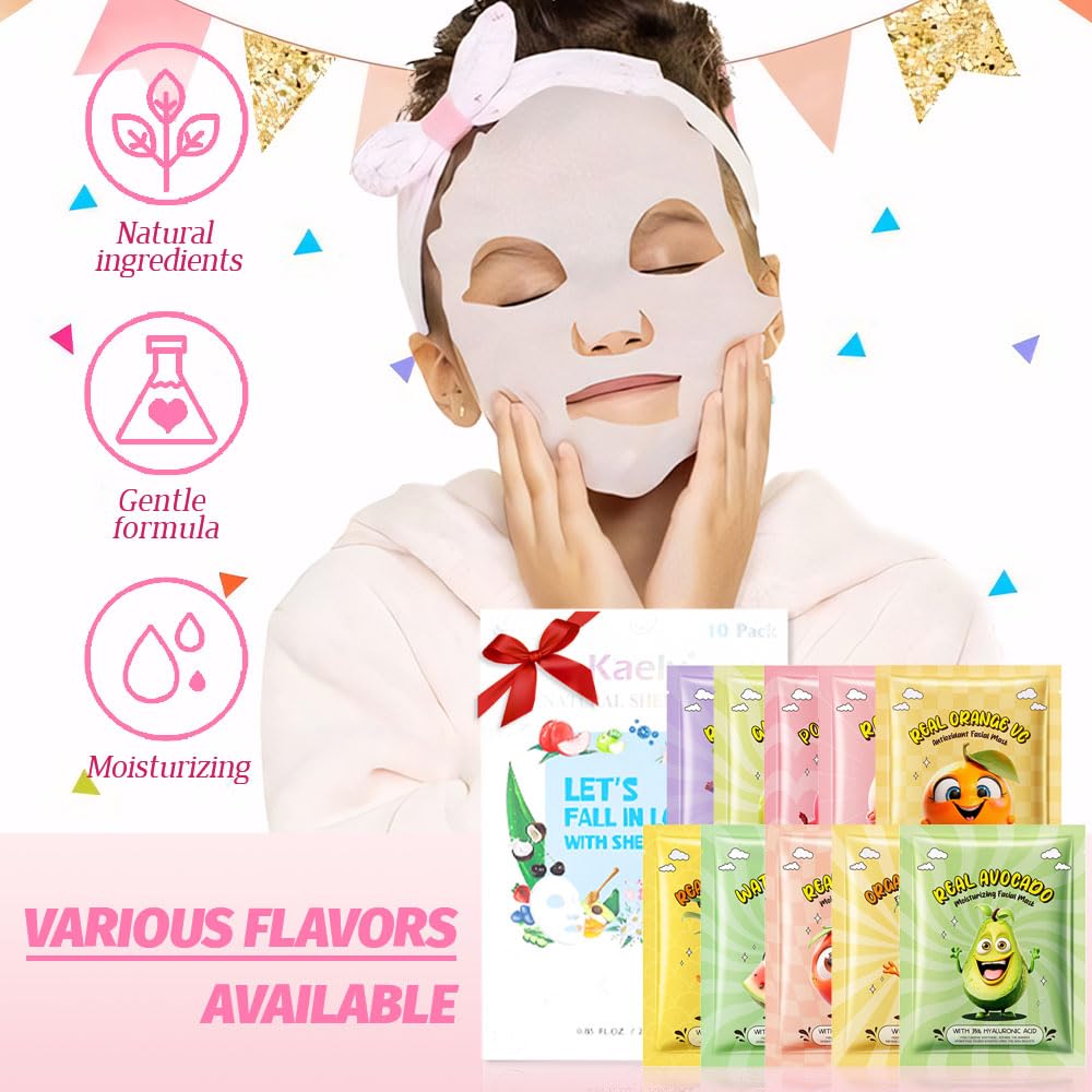 Kaely laid-flat masks showing variety of fruit designs and convenient sachets