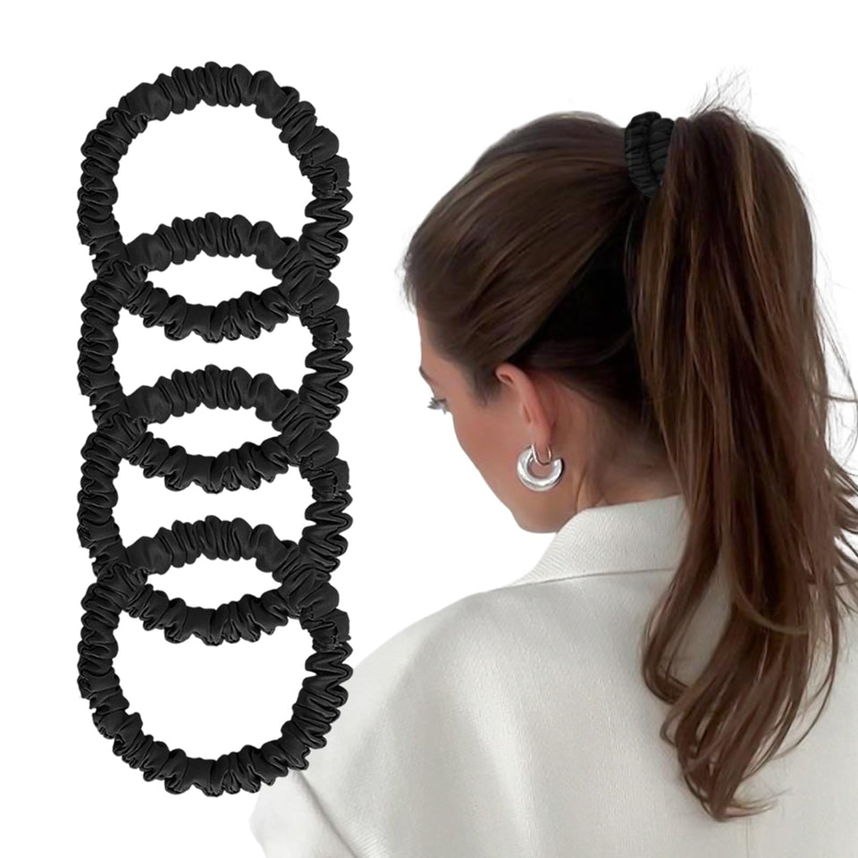 Kafteri front packaging showing four black silk scrunchies, elegant gift presentation
