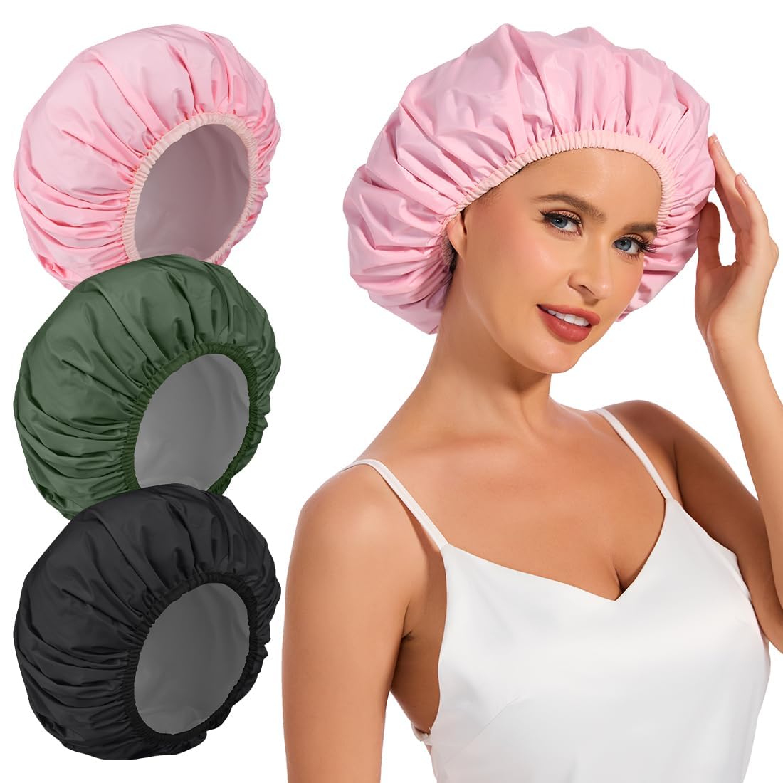 Kafteri front view showing three colorful reusable shower caps and waterproof benefit