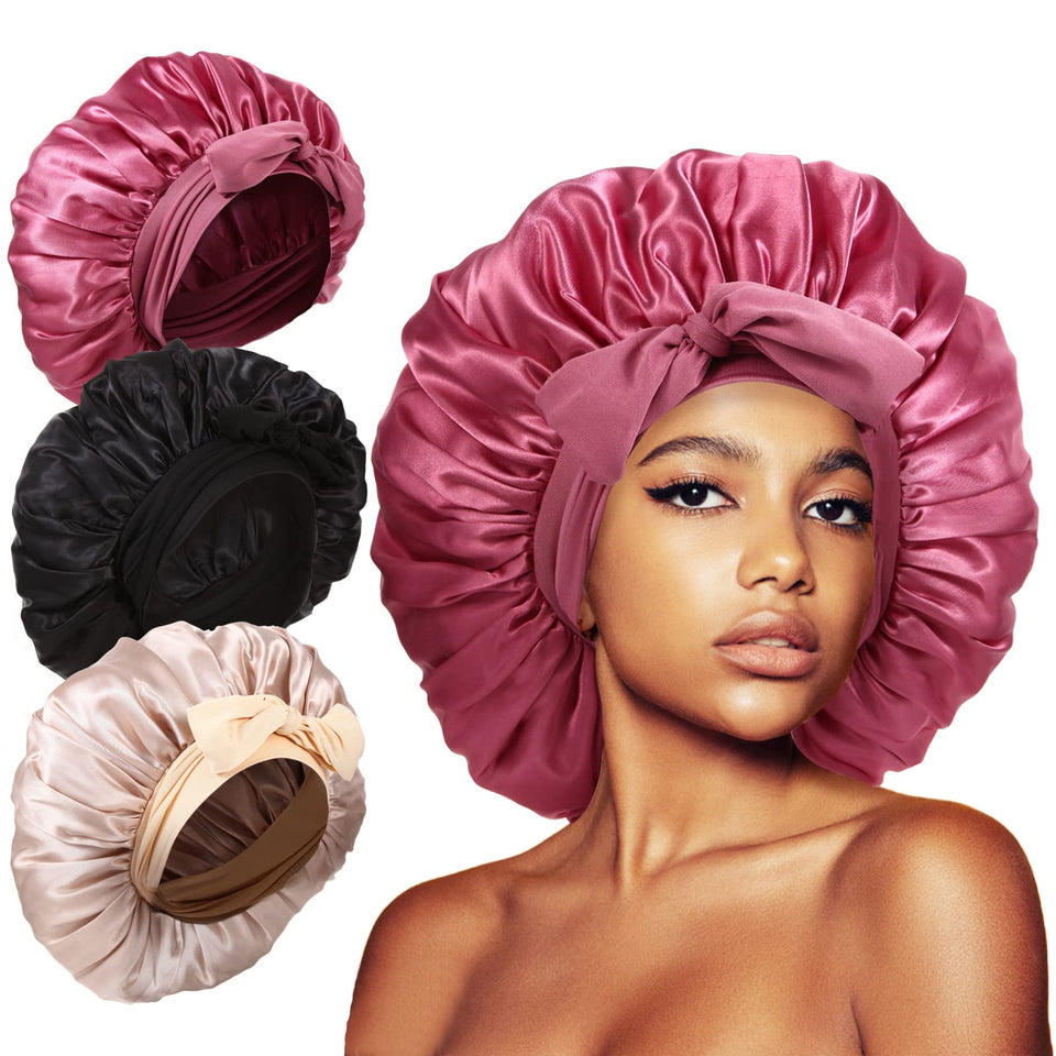 Kafteri front view of three bonnets showing colors and full coverage benefit