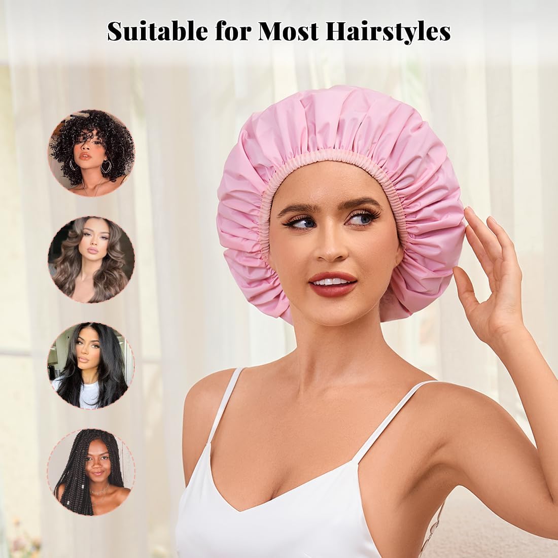 Kafteri cap worn in a shower setting protecting hair from steam and water benefit