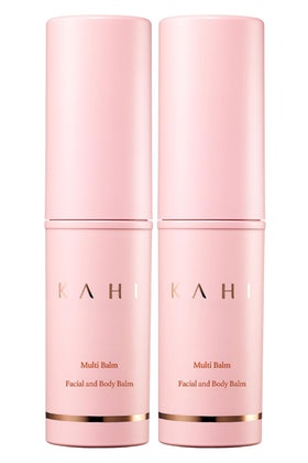 KAHI duo packaging front view showing two balm sticks and portability benefit