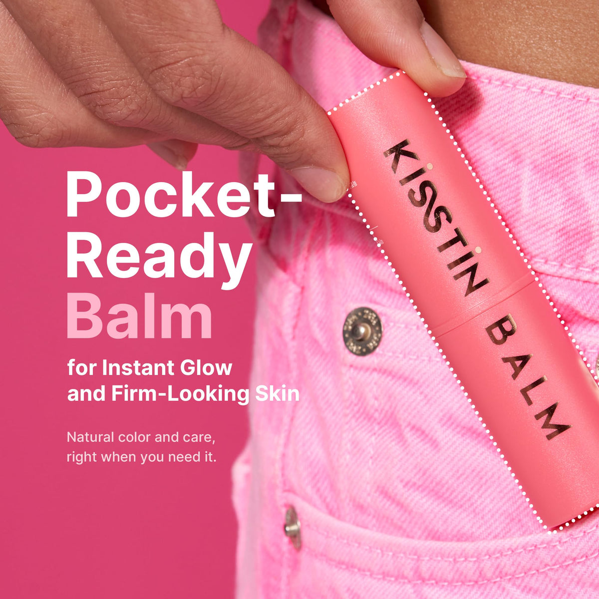 KAHI Kisstin Balm in hand to show 0.32 oz size and travel convenience