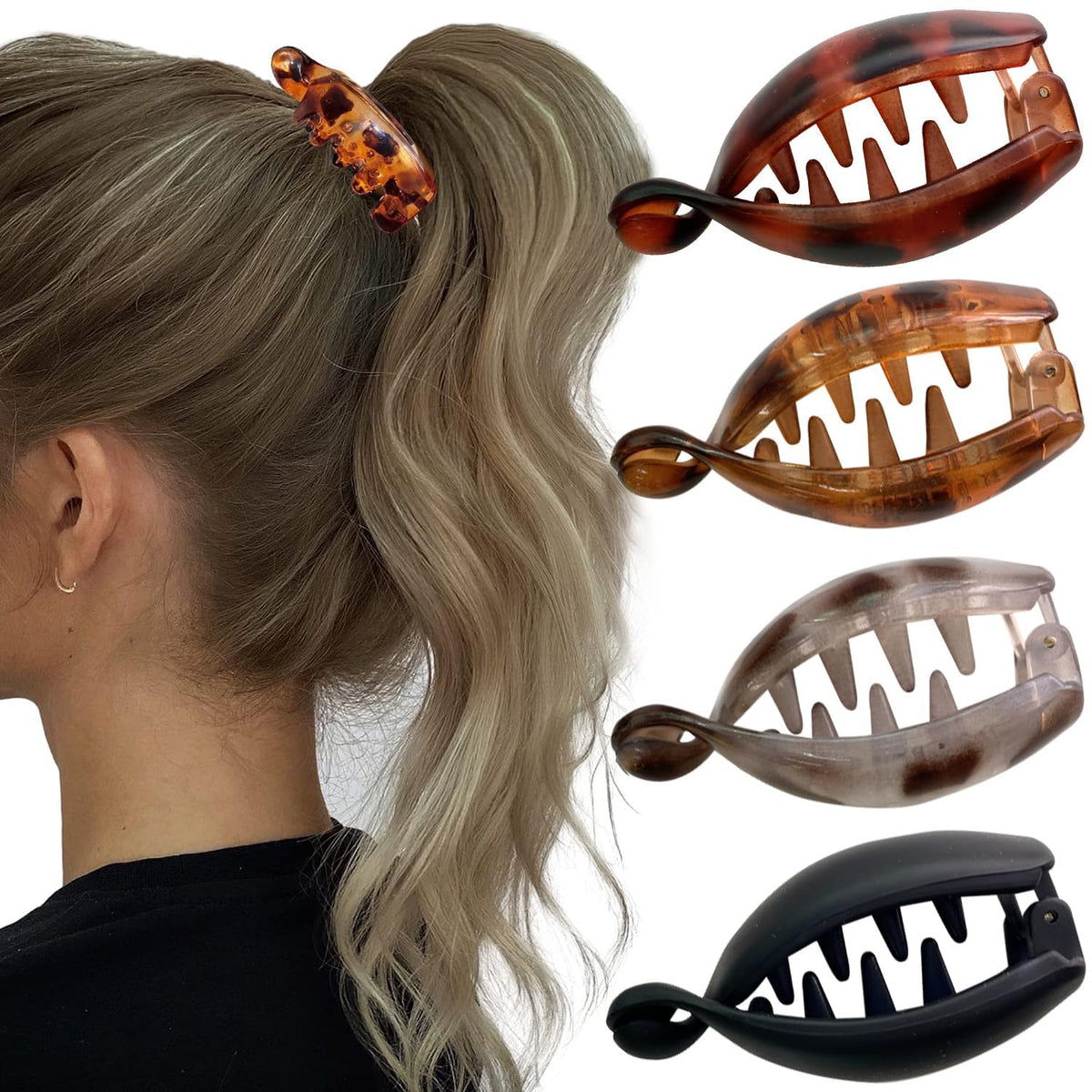 KAICCOSO front view of four banana hair clips shows stylish set and compact benefit