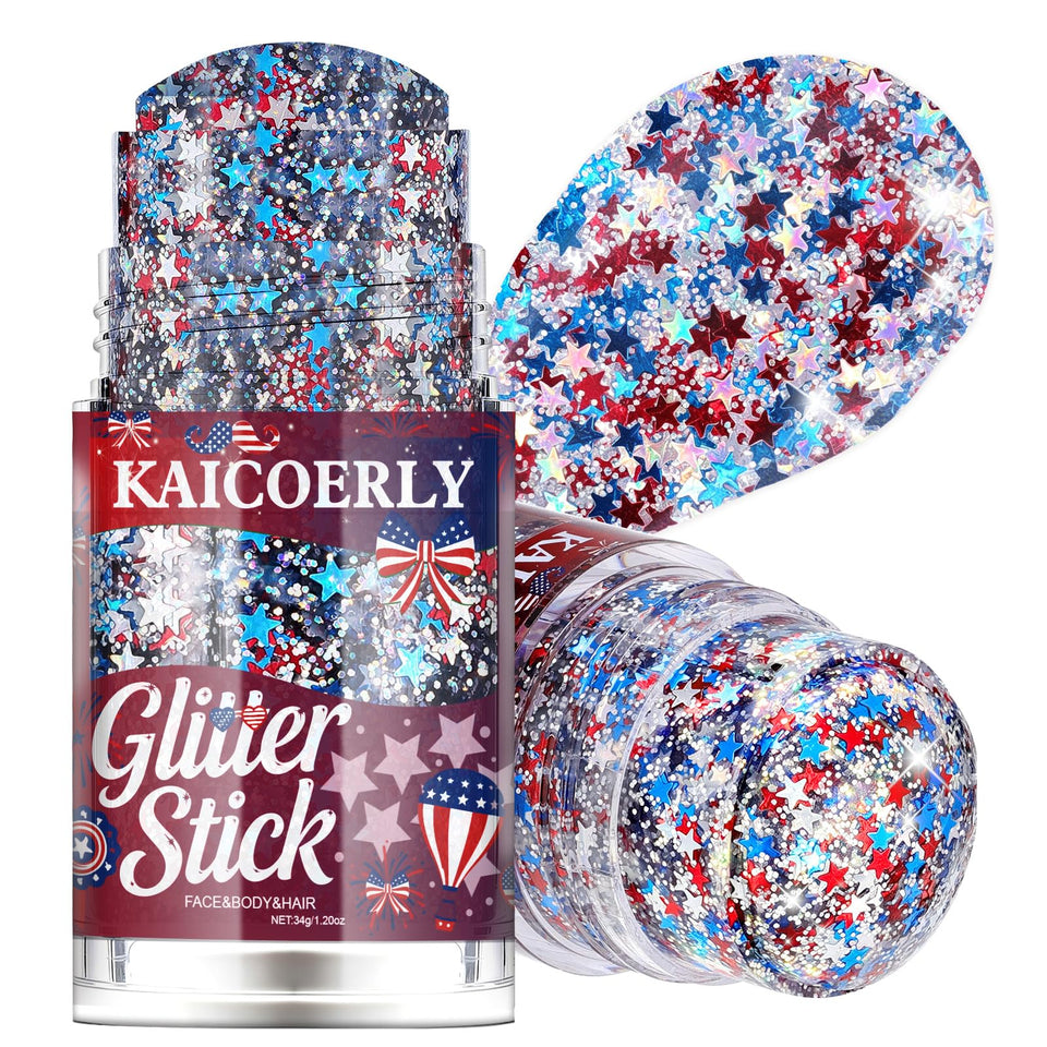 KAICOERLY glitter stick front packaging showing patriotic colors and convenience