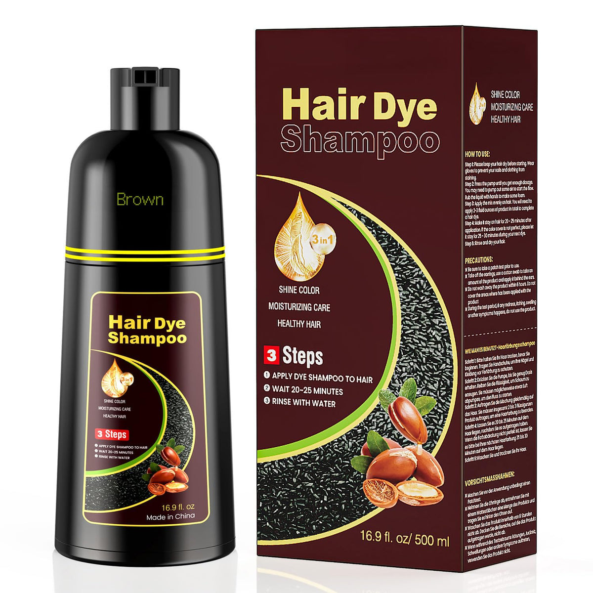 KAISASA front bottle showing brown 3-in-1 shampoo, clear labeling and size