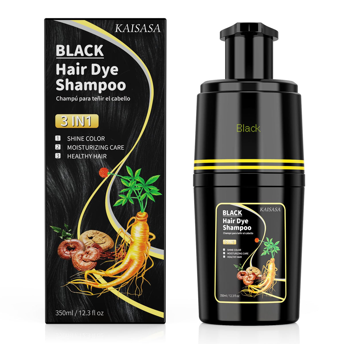 KAISASA front packaging showing black shampoo bottle and clear benefits