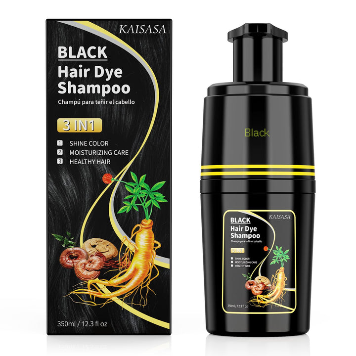 KAISASA front packaging showing black shampoo bottle and clear benefits