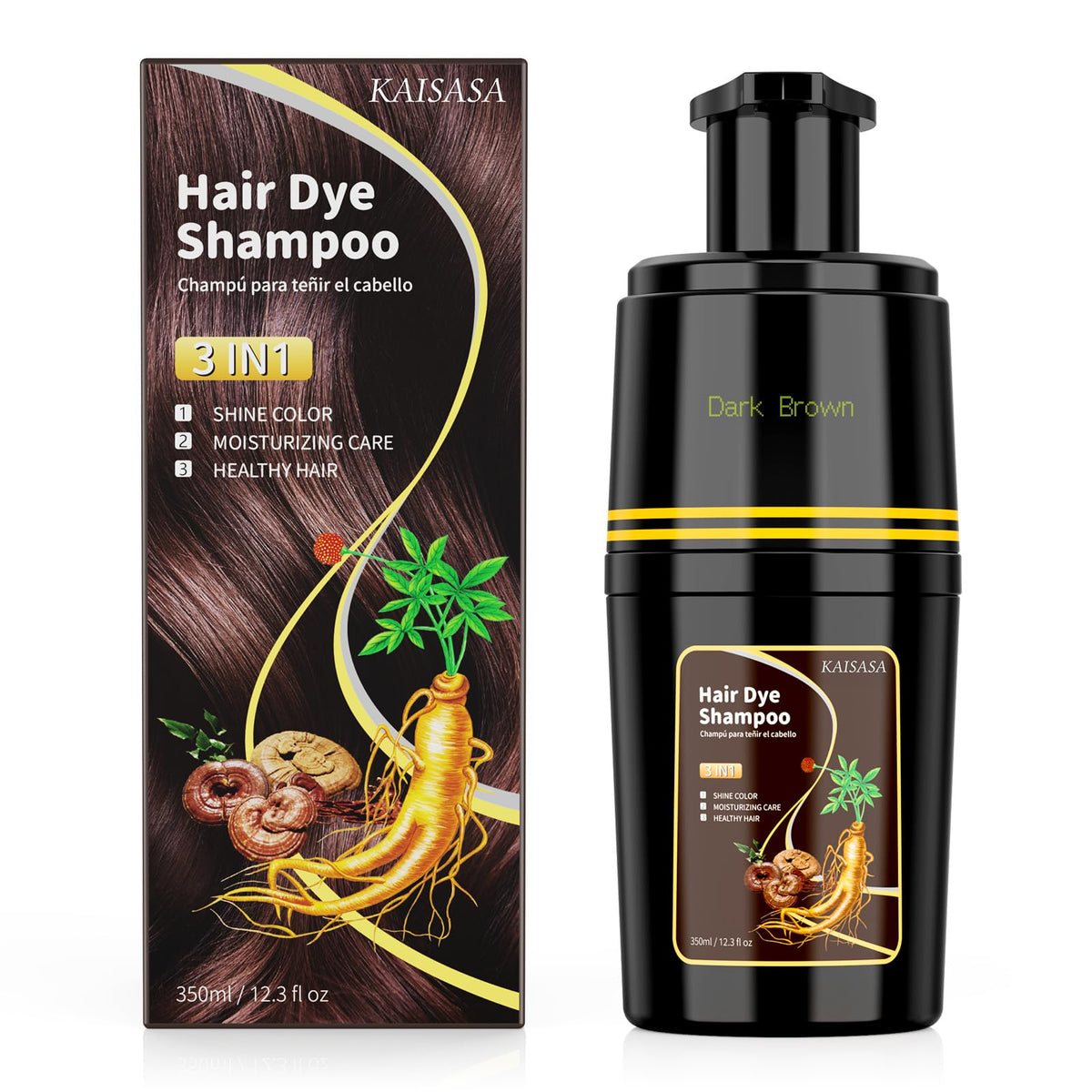 KAISASA front packaging showing dark brown 3-in-1 shampoo benefits