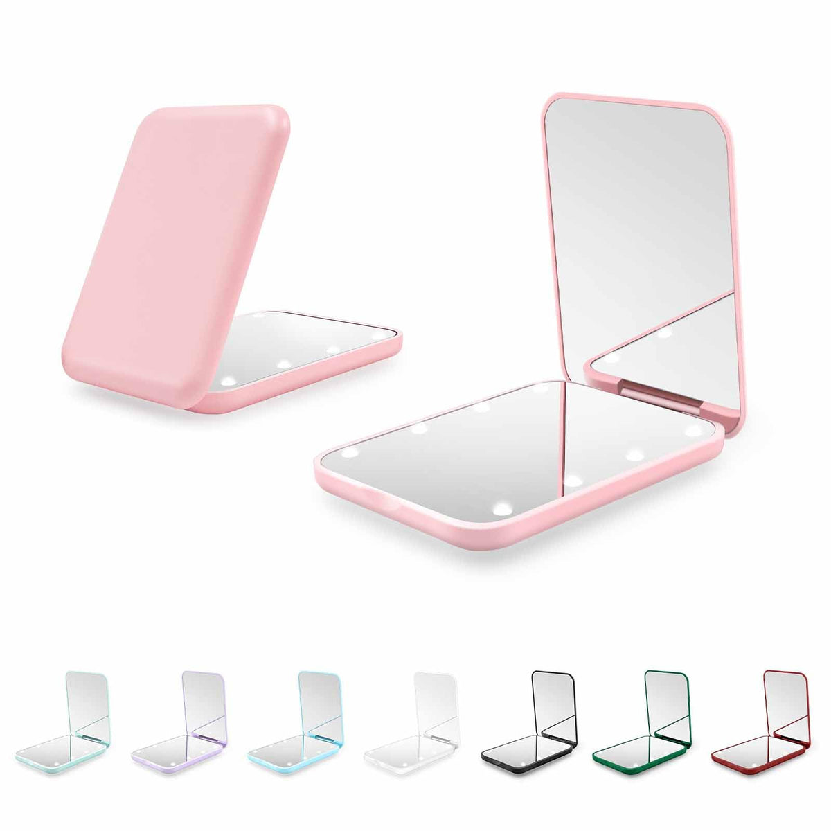 Kakuje compact mirror front view showing pink finish and LED lights, great for travel