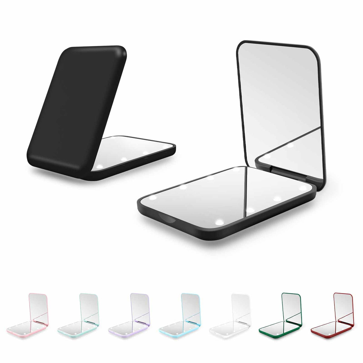 Kakuje compact mirror front view showing sleek black design and closed profile benefit portability