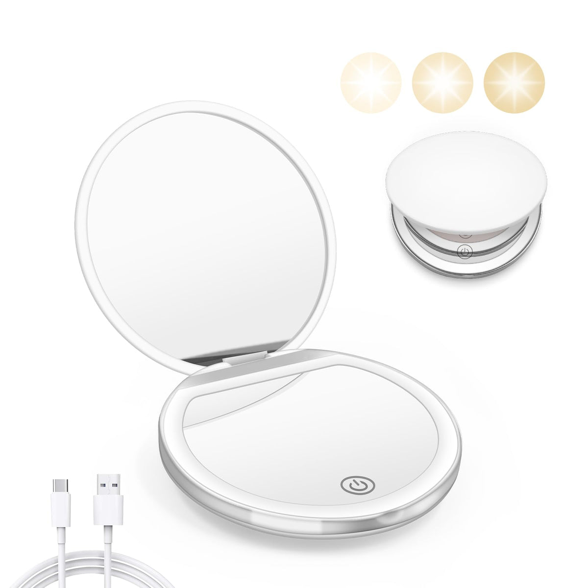 Kakuje compact mirror front view showing sleek white case and brand