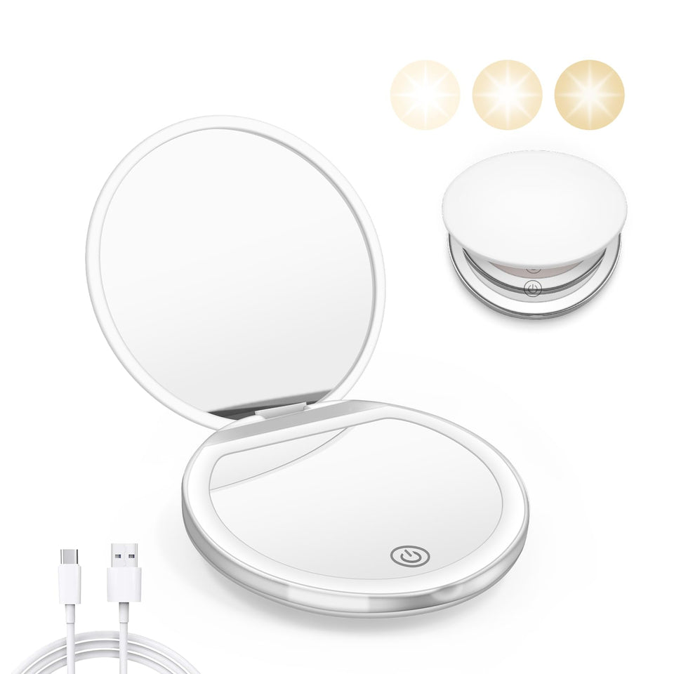 Kakuje compact mirror front view showing sleek white case and brand