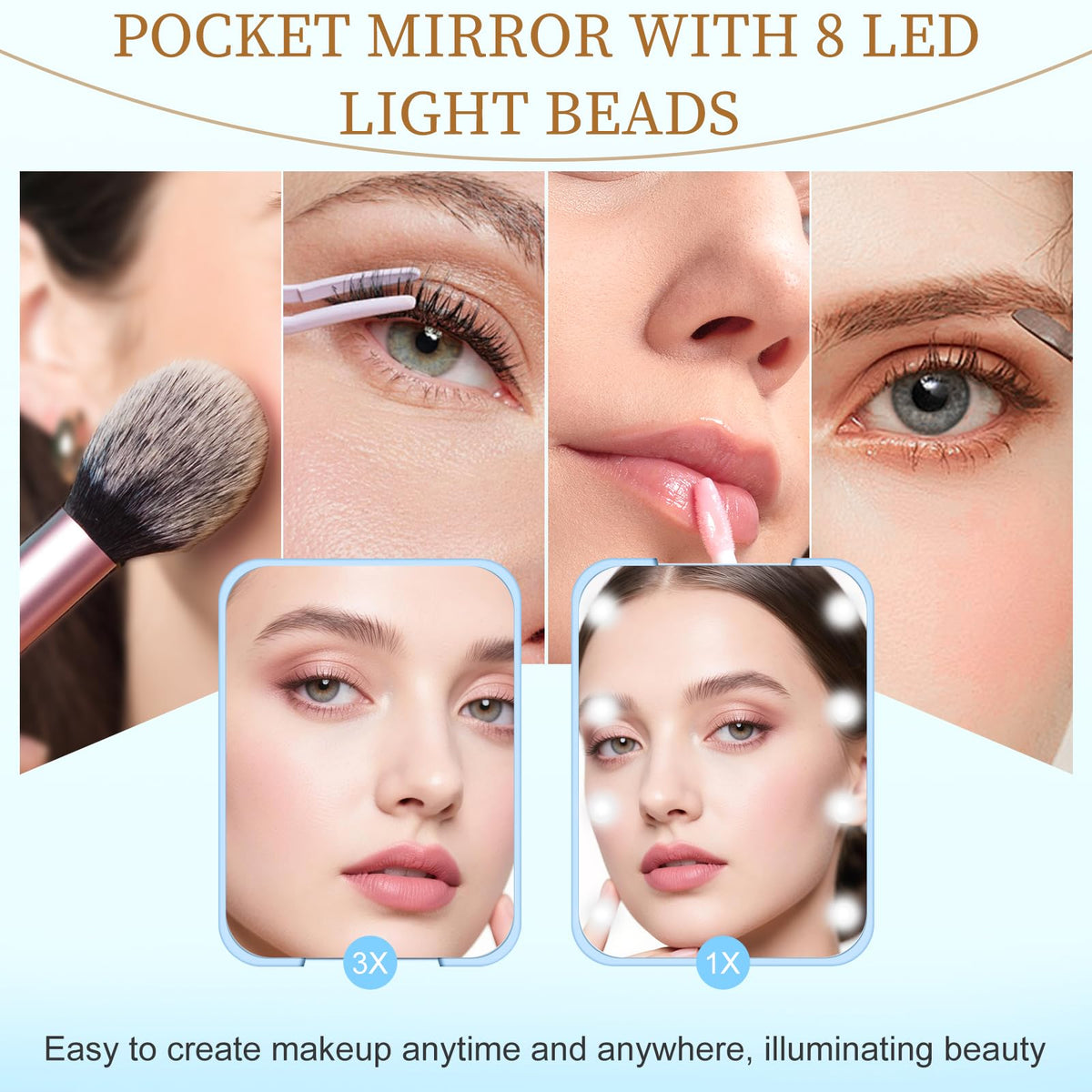 Kakuje open mirror showing 1x and 3x glass for precise makeup and grooming benefits