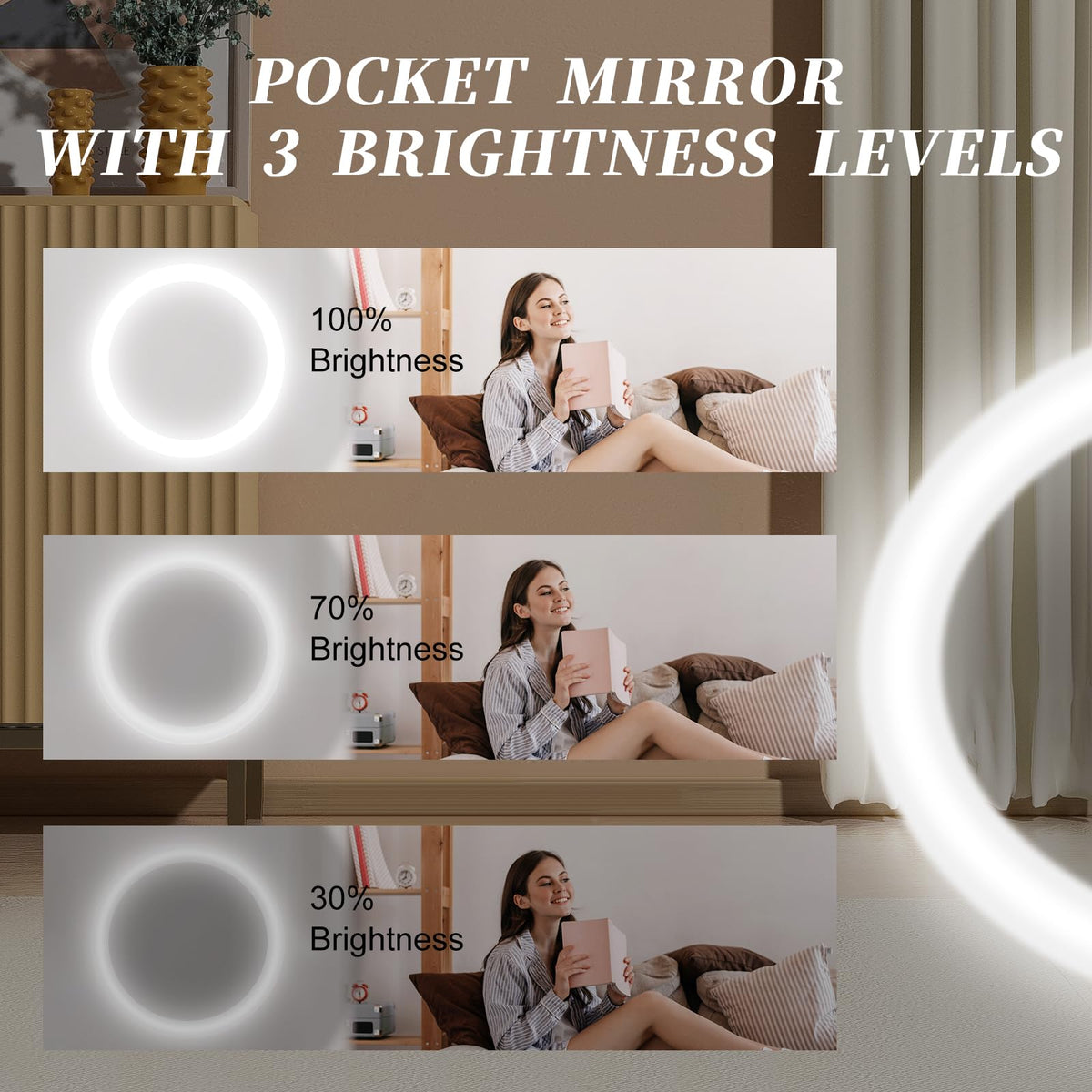 Kakuje mirror with included USB cable showing rechargeable convenience on travel