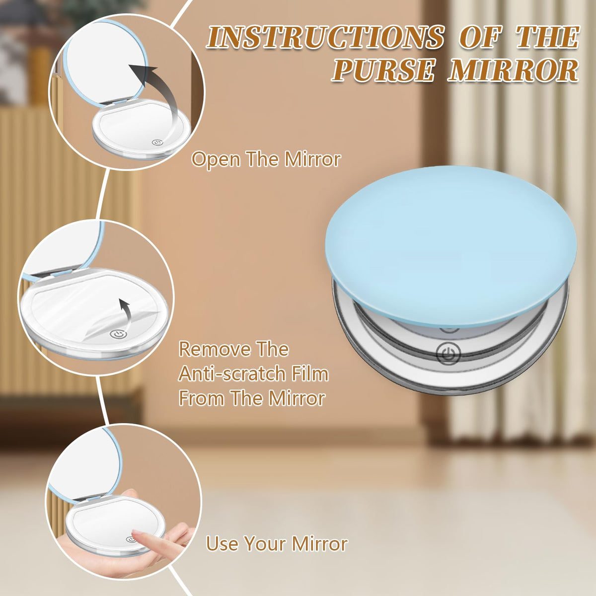 Kakuje LED light on while in use improving visibility for makeup touch-ups