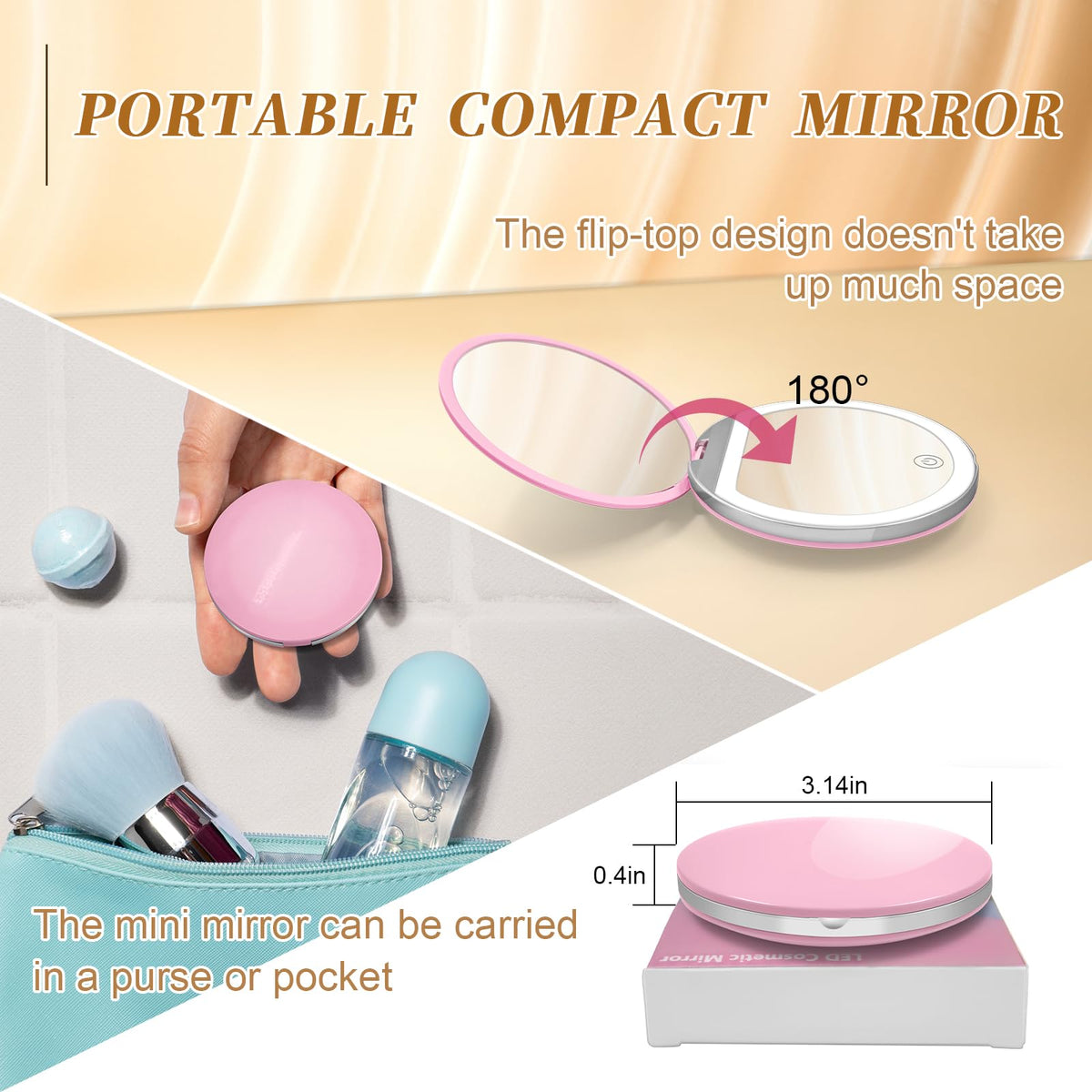 Kakuje mirror in hand and purse showing compact travel-friendly size