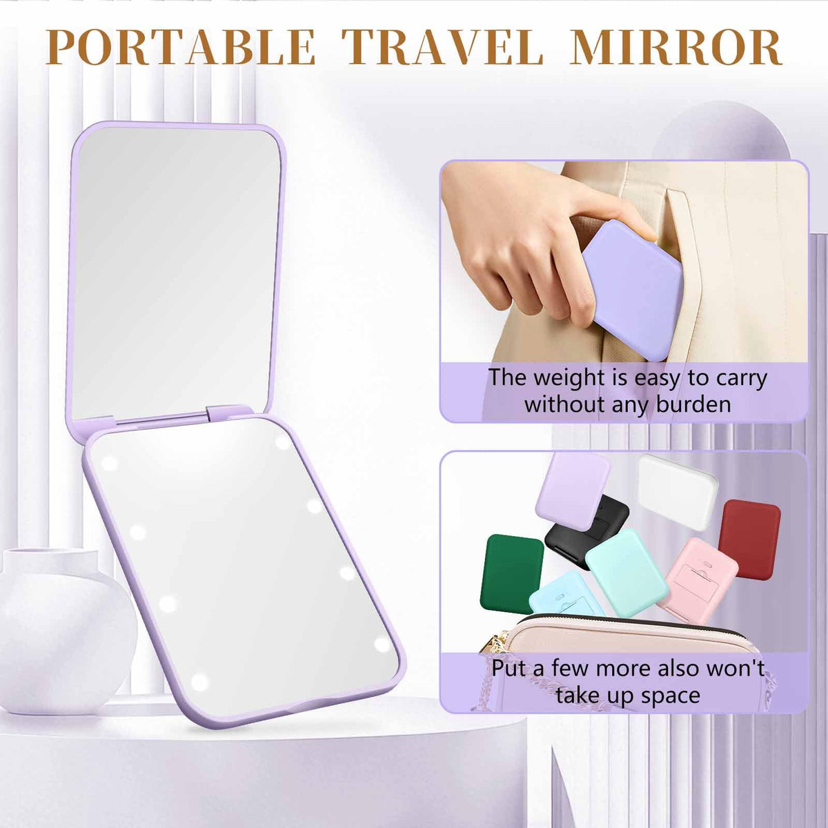 Kakuje compact mirror in hand to show scale and pocketability benefit