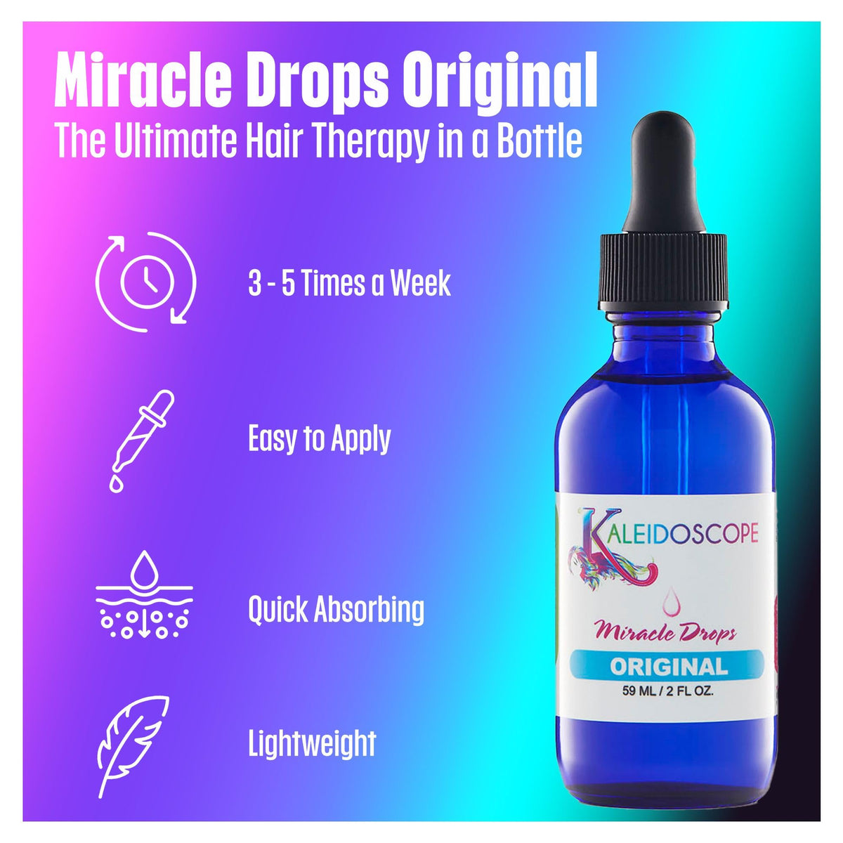 Hand holding Kaleidoscope Miracle Drops bottle to show portable 2oz size and travel convenience