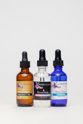Kaleidoscope Miracle Drops next to a coin for scale to display compact 2oz bottle