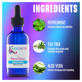 Kaleidoscope Miracle Drops bottle alongside Miracle Drops Shampoo and Conditioner as a system